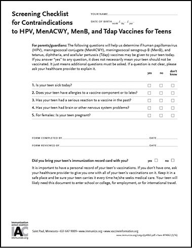 Screening Checklist for Contraindications to HPV, MenACWY, MenB, and Tdap Vaccines for Teens