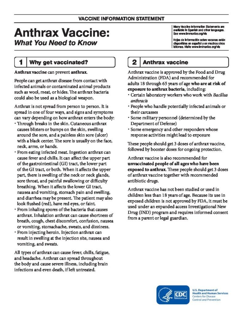 Anthrax Vaccine Information Statements (VIS) | Immunize.org