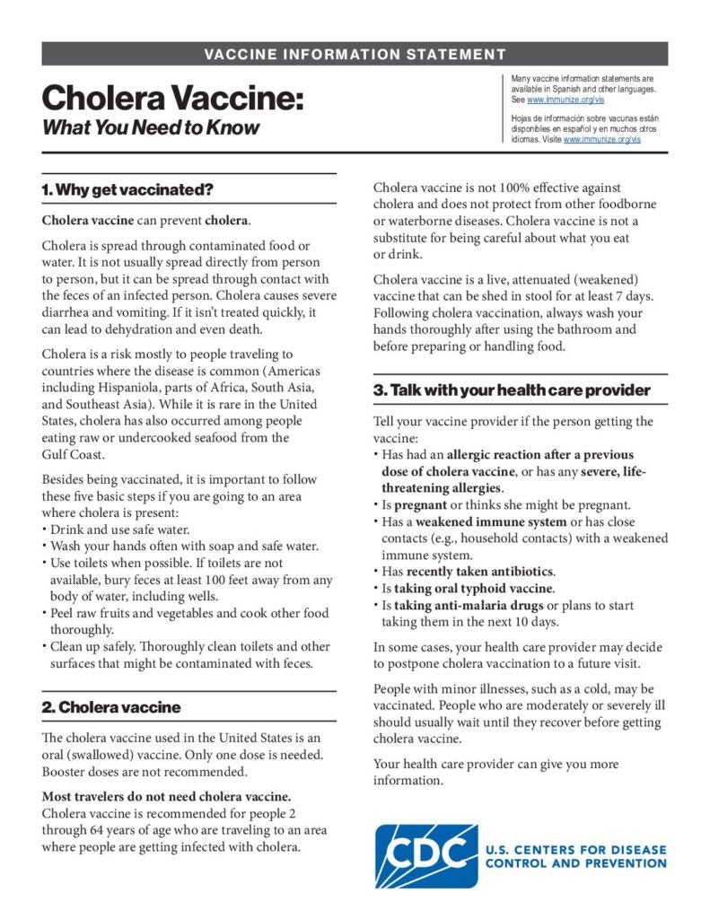Cholera Vaccine Information Statements (VIS) | Immunize.org