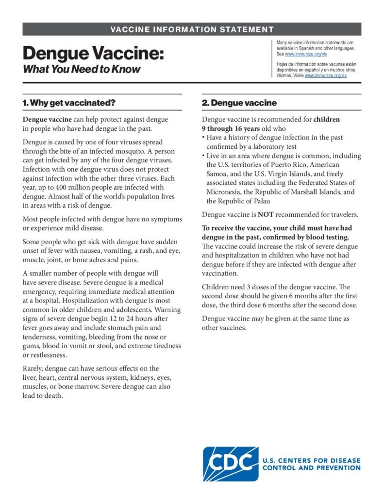 Dengue Immunization Resources for Healthcare Providers | Immunize.org