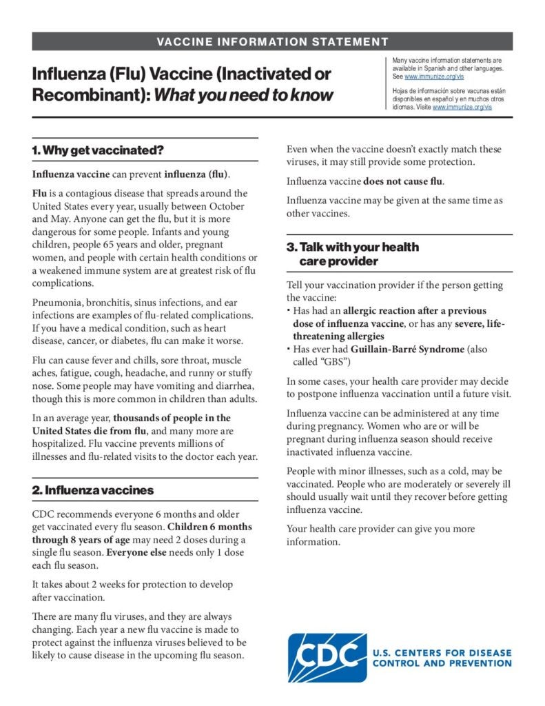 Influenza (Inactivated) Vaccine Information Statements (VIS)
