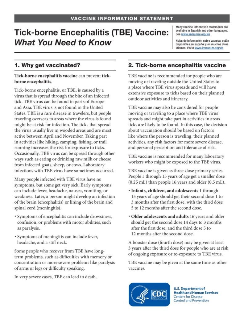 TBE (Tick-borne Encephalitis) Vaccine Information Statements (VIS ...